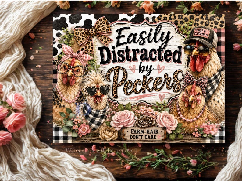 May include: A rectangular sign featuring four chickens wearing accessories like leopard print bows, glasses, and bandanas. The text reads "Easily Distracted by Peckers" and "FARM HAIR DON'T CARE" with pink roses and leopard print patterns throughout the design.