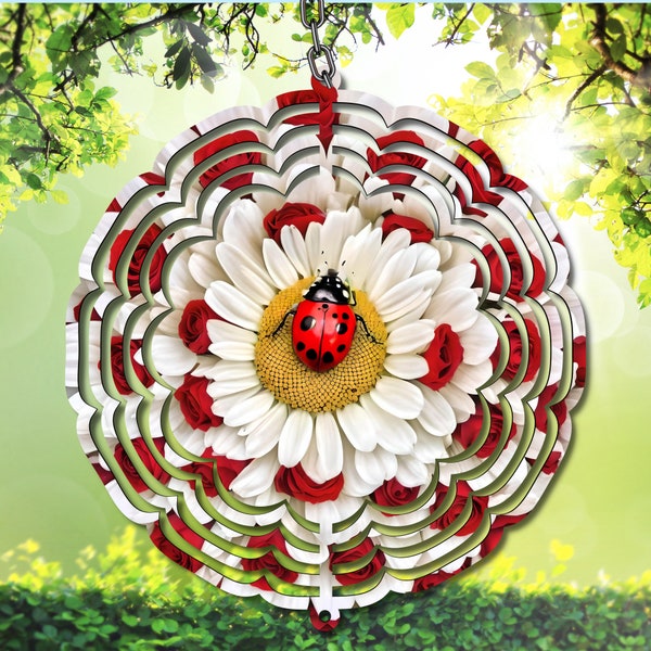 Ladybug Wind Spinner for Garden Decor - Enhance Your Outdoor Space w Instant Art, showcasing White Daisies & Red Roses, PNG Digital Download