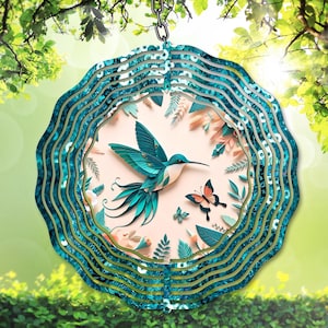 Kolibri Wind Spinner PNG für lebendige Teal & Pfirsich Sublimation, 3D Kolibri Sublimation Kolibri Garten Spinner Vorlage, DIY Geschenk