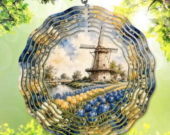 Dutch Windmill Wind Spinner PNG, Blue Yellow Tulips Sublimation Design, Watercolor Garden Spinner, Spring Yard Decor (Digital Download)