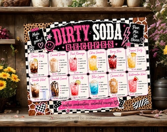 Dirty Soda Recipes Cutting Board PNG, Trendy Drink Recipe Chart Sublimation Design, Black Checkerboard Animal Print (Digital Download)