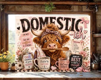 Funny Highland Cow Cutting Board PNG, Domestic ish Kitchen Sublimation Design, Coquette Bow Cow, Farmhouse Decor, Sassy Cow Digital Download