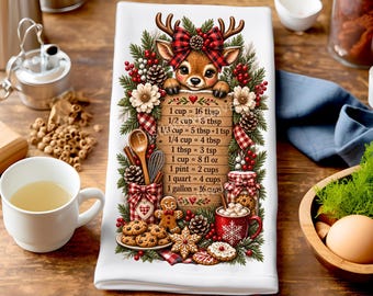Geschirrtuch mit Rentiermotiv, Weihnachts-Umrechnungstabelle, Winter-PNG, Festliches Sublimationsdesign, Weihnachts-Geschirrtuch-PNG, Digitaler Download