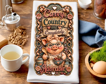 Pig Tea Towel PNG, Completely Adorable Pig Sublimation Design, Rustic Country Dish Towel PNG, Chubby Pig Digital Download, Gingham Floral