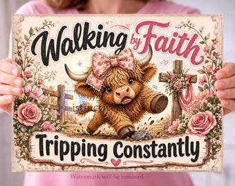 Highland Cow PNG / Funny Kitchen Chopping Board / Farm Animal Png / Sublimation Png / Walking By Faith Tripping Constantly Digital Download