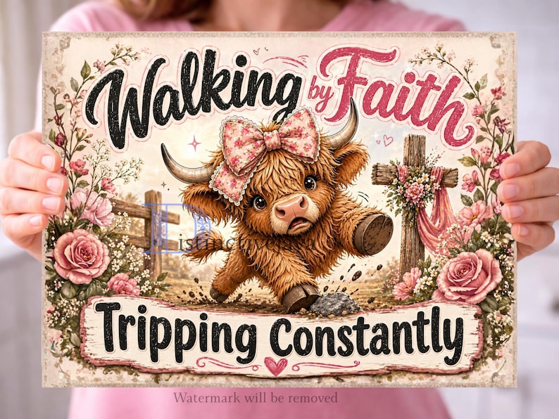 Highland Cow PNG / Funny Kitchen Chopping Board / Farm Animal Png / Sublimation Png / Walking By Faith Tripping Constantly Digital Download image 4