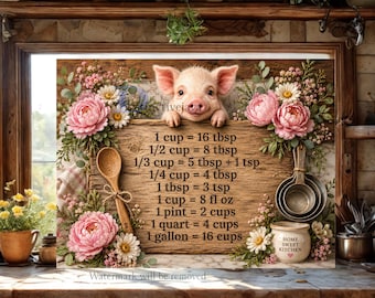 Baby Pig Cutting Board PNG / Floral Farmhouse Kitchen Conversion Chart Sublimation Design / Piglet Chopping Board / Digital Download