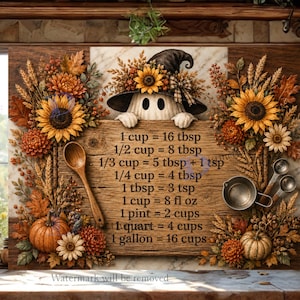 May include: A rectangular wooden sign featuring a ghost wearing a witch hat, surrounded by autumn sunflowers, wheat, and pumpkins. The sign displays a kitchen measurement conversion chart including 1 cup equals 16 tbsp, 8 fl oz, and 1 gallon equals 16 cups.