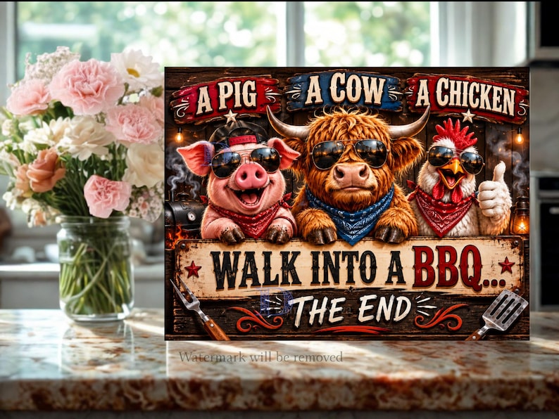 May include: A wooden sign with the text "A Pig, A Cow, A Chicken" above cartoon characters wearing sunglasses and bandanas. The sign reads "Walk into a BBQ... The End" with a fork and spatula.