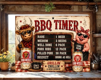 Funny BBQ Cutting Board PNG, Grill Master Sublimation Design, Highland Cow Beer Chart, Rustic Farmhouse Kitchen Decor, Digital Download