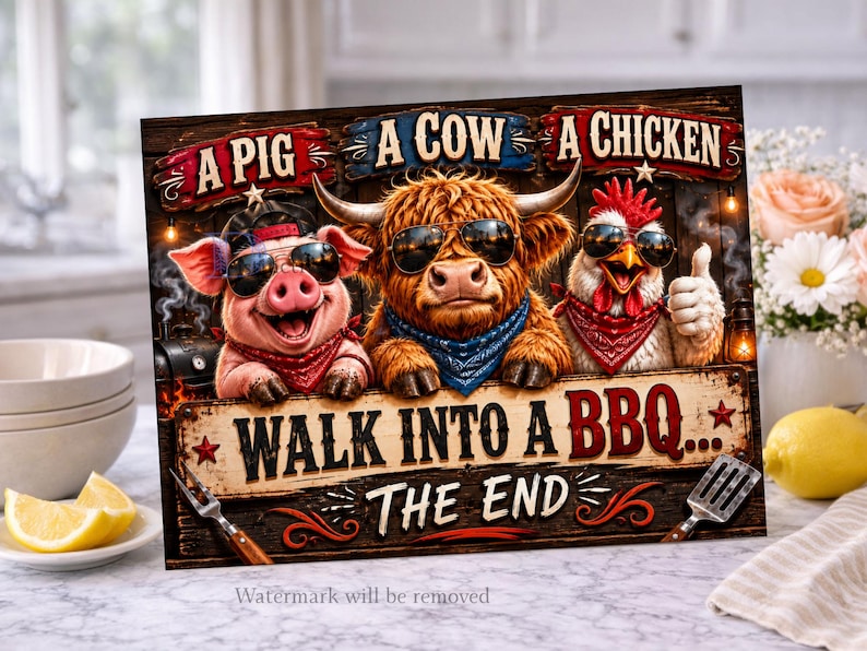 May include: A humorous sign featuring a pig, cow, and chicken wearing sunglasses and bandanas. The text reads "A Pig, A Cow, A Chicken, Walk Into A BBQ... The End." The sign has a rustic, wooden appearance with decorative elements.