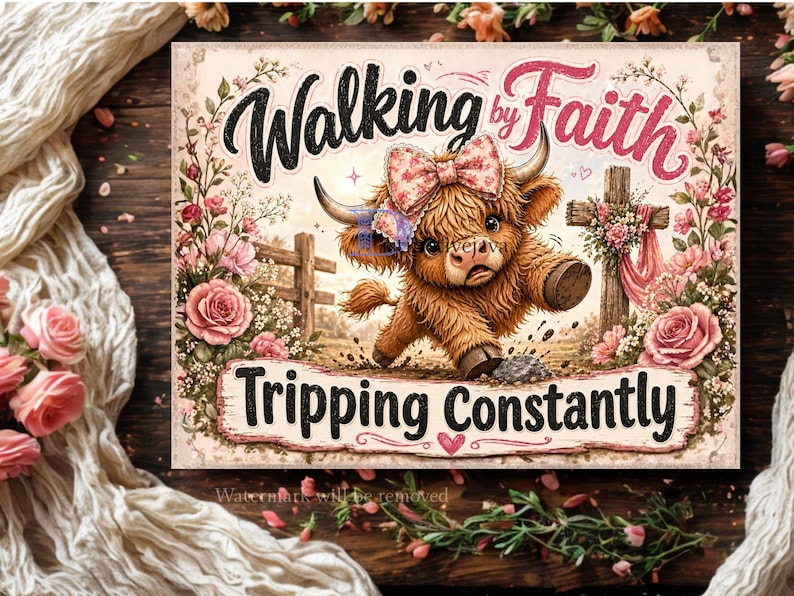 May include: A decorative sign with a whimsical illustration of a Highland cow tripping. The sign features the text "Walking by Faith" and "Tripping Constantly" in a playful font, surrounded by floral accents.