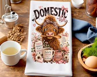 Funny Highland Cow Tea Towel PNG, Domestic-ish Cow Kitchen Sublimation Design, Coquette Cow Dish Towel, Sassy Farmhouse Digital Download