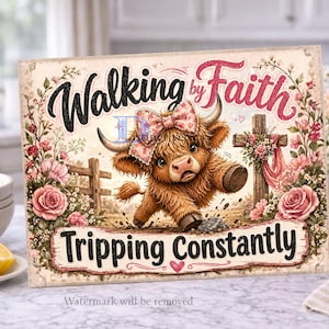 May include: A rectangular sign featuring a fluffy brown Highland cow wearing a pink patterned bow, surrounded by pink roses and a wooden cross. The text reads Walking by Faith and Tripping Constantly in black and pink script and block lettering.