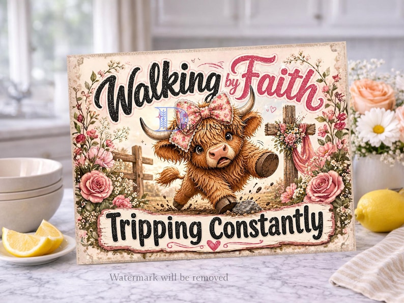 May include: A rectangular sign featuring a fluffy brown Highland cow wearing a pink patterned bow, surrounded by pink roses and a wooden cross. The text reads Walking by Faith and Tripping Constantly in black and pink script and block lettering.