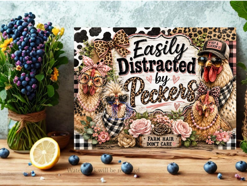 May include: A rectangular sign featuring four chickens wearing accessories like leopard print bows, glasses, and hats. The text reads "Easily Distracted by Peckers" and "FARM HAIR DON'T CARE" with pink hearts, leopard print accents, and floral illustrations.
