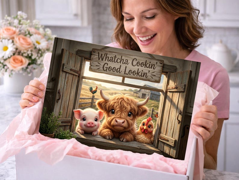 Highland Cow PNG / Funny Kitchen Chopping Board / Farm Animal Png / Sublimation Png / Whatcha Cookin Good Lookin / Pig Png Digital Download image 7
