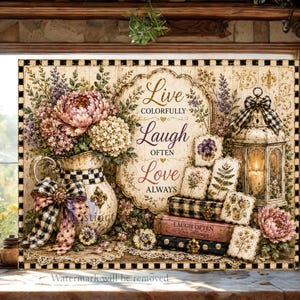 May include: A rectangular decorative sign featuring a floral arrangement in a pitcher, a lantern, and stacked books. The text reads Live Colorfully, Laugh Often, Love Always. The design includes black and white checkered patterns and bows.