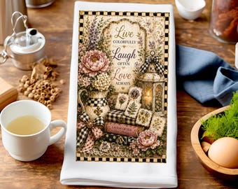 Live Laugh Love Tea Towel PNG, Vintage Floral Kitchen Sublimation Design, Farmhouse Checkered Bow Dish Towel Design, Flower Digital Download