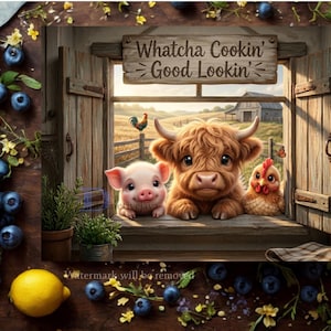 May include: A rectangular wall art print featuring a wooden window frame with a sign that reads Whatcha Cookin' Good Lookin'. A cartoon pig, a fluffy brown highland cow, and a chicken are resting on the windowsill with a farm scene in the background.