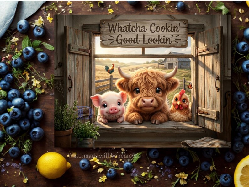 May include: A rectangular wall art print featuring a wooden window frame with a sign that reads Whatcha Cookin' Good Lookin'. A cartoon pig, a fluffy brown highland cow, and a chicken are resting on the windowsill with a farm scene in the background.