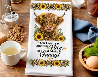 Hochlandrind-Geschirrtuch (PNG), Lustige Küchensublimation, Spruch „Wenn du nichts Nettes sagen kannst“, Sonnenblumen-Gingham-Landhausstil (Digitaler Download)