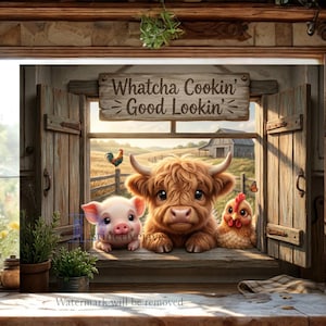 May include: A rectangular wall art print featuring a rustic wooden window frame with open shutters. A wooden sign above the window reads Whatcha Cookin' Good Lookin'. A pig, a Highland cow, and a chicken are visible through the window opening.