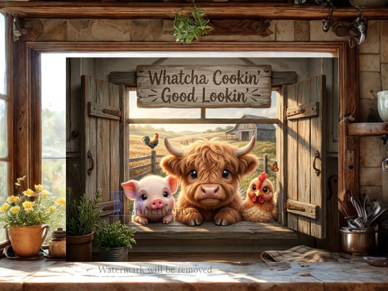 May include: A rectangular wall art print featuring a rustic wooden window frame with open shutters. A wooden sign above the window reads Whatcha Cookin' Good Lookin'. A pig, a Highland cow, and a chicken are visible through the window opening.
