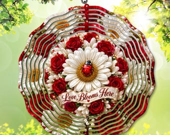 Ladybug Wind Spinner Sublimation PNG, Love Blooms Here Floral Garden Spinner Design, Red Rose Daisy Yard Decor, Summer DIY Digital Download