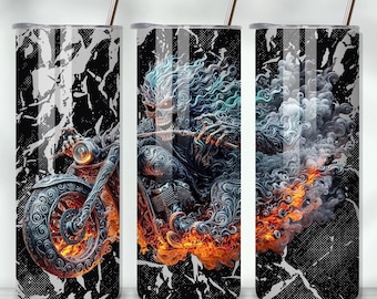 Opakowanie na kubek Ghost Rider, sublimacja z płonącą czaszką motocyklisty, 20-uncjowy, chudy PNG, prezent DIY dla niego, motocykl PNG (pobieranie cyfrowe)