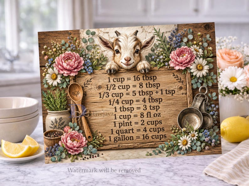 Op de afbeelding: Een rechthoekig houten bord met een illustratie van een geit bovenaan en een tabel voor keukenmaten in zwarte tekst. Het bord is versierd met roze pioenrozen, witte madeliefjes, blauwe bloemen en groen gebladerte.