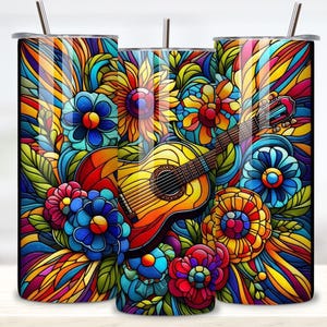 Guitare florale numérique Tumbler Wrap sublimation PNG - Conception de fleurs en vitrail - cadeau DIY parfait pour les mélomanes - téléchargement immédiat PNG