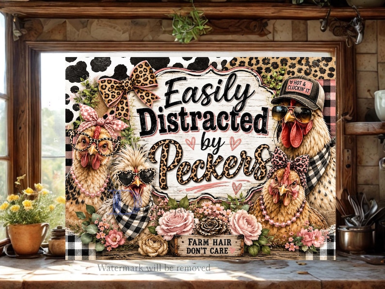 May include: A rectangular sign featuring four chickens wearing accessories like leopard print bows, glasses, and a baseball cap. The text reads Easily Distracted by Peckers and Farm Hair Don't Care. The design includes pink roses and leopard print patterns.