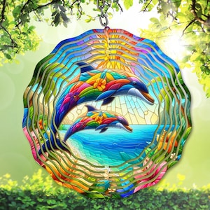 Delfin Wind Spinner PNG, Tropischer digitaler Download, Glasmalerei-Garten-Spinner-Vorlage, Ozean-Sublimation Png, Yard-Dekor, DIY-Geschenk