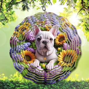 Buldogue Francês PNG para Wind Spinner png, Girassóis e Lilases Sublimação png, Download Digital, Modelo de Spinner de Jardim para Cachorro, Presente DIY