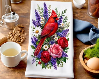Cardinal Tea Towel PNG, Floral Red Cardinal Sublimation Design, Memorial Bird Kitchen Towel, Sympathy Gift Digital Download, Cardinal Lover