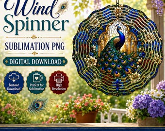 Molinillo de viento de pavo real de vidrieras PNG, diseño de sublimación de molinillo de pavo real, decoración colorida para jardín con pájaros, molinillo floral PNG, descarga digital