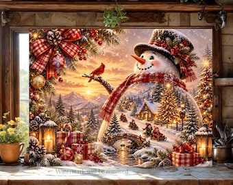 Tagliere natalizio con pupazzo di neve, immagine PNG per sublimazione, design a doppia esposizione per villaggio invernale, decorazione cucina con pupazzo di neve, download digitale per le festività.