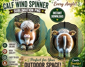 Baby Highland Cow Wind Spinner PNG, Double Sided Calf Sublimation, Front and Back Garden Spinner Template, DIY Gift (Digital Template)