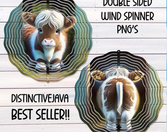 Toupie à vent double face vache Highland PNG animaux de la ferme décor de jardin modèle de sublimation vache mignonne bricolage toupie extérieure en téléchargement numérique
