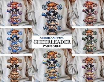 Highland Cow Cheerleader PNG Bundle of 8 Cheer Squad Football Sublimation Designs Game Day Spirit Cow Preppy Cheer Coquette Digital Download