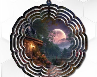 Mystical Moonlight Cottage: Sublimation Wind Spinner PNG - Whimsical Digital Download for DIY Crafts