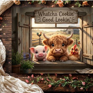 May include: A rectangular wall art print featuring a wooden window frame with open shutters. A piglet, a fluffy brown Highland calf, and a chicken sit on the windowsill. Above them, a wooden sign reads Whatcha Cookin' Good Lookin'.