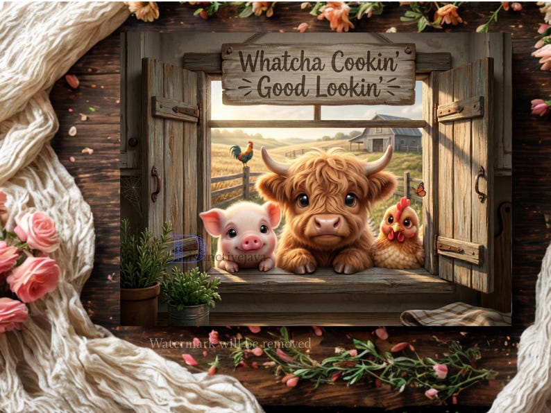 May include: A rectangular wall art print featuring a wooden window frame with open shutters. A piglet, a fluffy brown Highland calf, and a chicken sit on the windowsill. Above them, a wooden sign reads Whatcha Cookin' Good Lookin'.