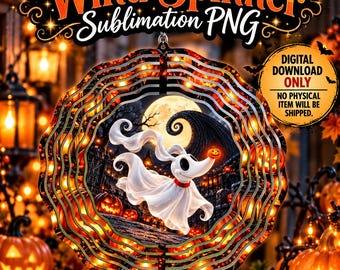 Girandola a vento di Halloween con cane fantasma, immagine PNG a sublimazione, design di girandola a vento di Halloween con zucca e luna luminose, girandola spettrale e carina, download digitale