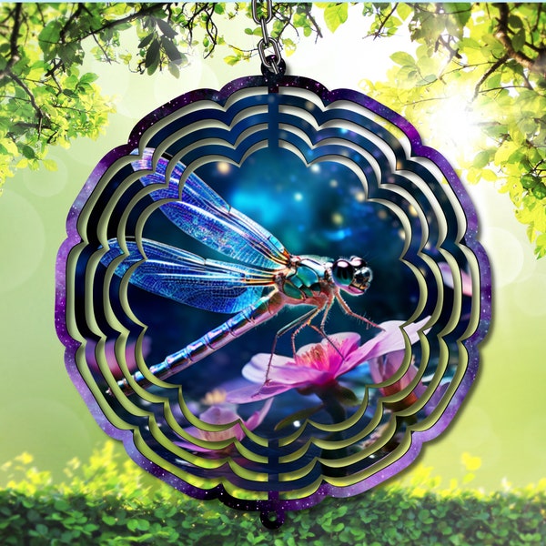 Purple Glitter Dragonfly Wind Spinner Digital Download with Pink Flowers - Whimsical Outdoor Decor - Instant PNG Art - Garden Spinner