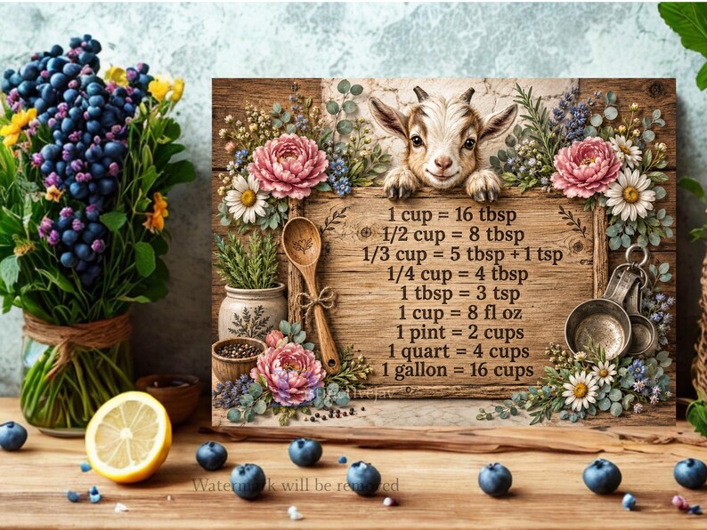 Op de afbeelding: Een houten bord met een geitje, bloemstukken, een houten lepel en metalen maatbekers. De tekst toont keukenconversies: 1 cup = 16 tbsp, 1/2 cup = 8 tbsp, 1/3 cup = 5 tbsp + 1 tsp, 1/4 cup = 4 tbsp, 1 tbsp = 3 tsp, 1 cup = 8 fl oz, 1 pint = 2 cups, 1 quart = 4 cups, 1 gallon = 16 cups.