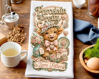 Highland Cow PNG / Porcelain Pretty, Zero Filter PNG / Pink and Teal Floral Porcelain Cow Sublimation, Farmhouse Dish Towel Digital Download