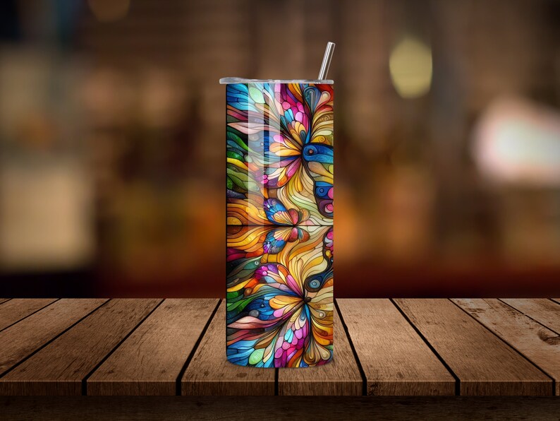 Stained Glass Butterfly 20oz Skinny Tumbler Wrap, Stained Glass