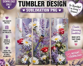 Diseño PNG de vaso térmico de 20 oz con libélula y flores, diseño de sublimación para vaso térmico delgado con margaritas y rosas lavanda, taza con diseño floral, regalo DIY (descarga digital).